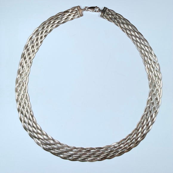 Multi Strand Braided Sterling Silver 925 Herringbone Collar Necklace Italy 18" - Picture 1 of 6